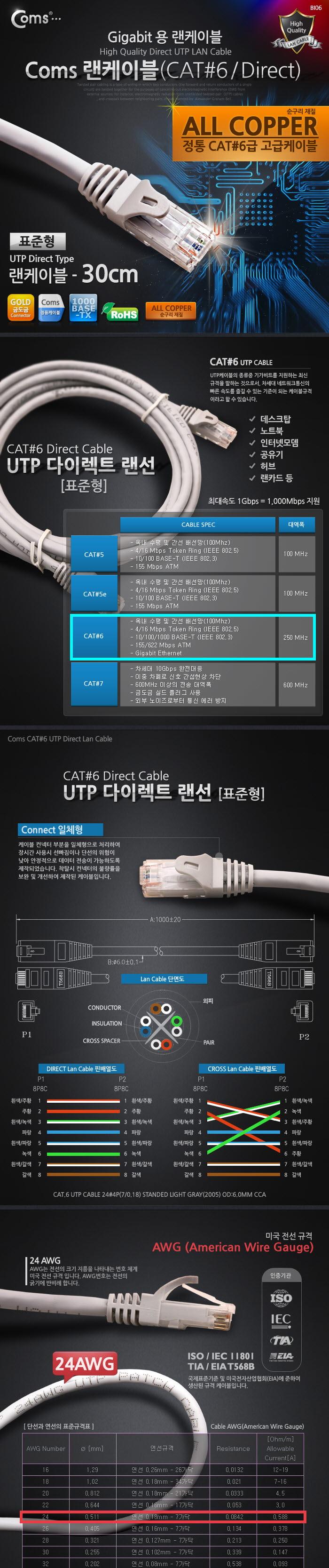 Coms UTP 기가비트 랜케이블(Direct Cat6) 30cm 다이렉트 Gigabit 랜선 LAN RJ45/LAN케이블/LAN/랜케이블/