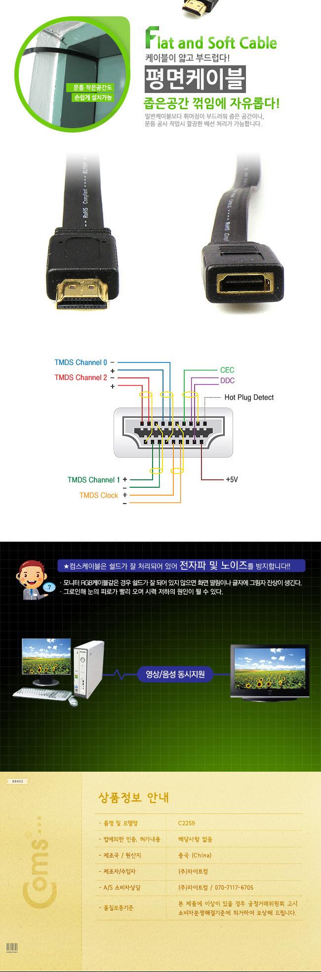 Coms HDMI FLAT 연장 케이블 30cm - M F 타입. 평면형으로 선정리가능 HDMI v1.3 지원/HDMI연장/HDMI연장변