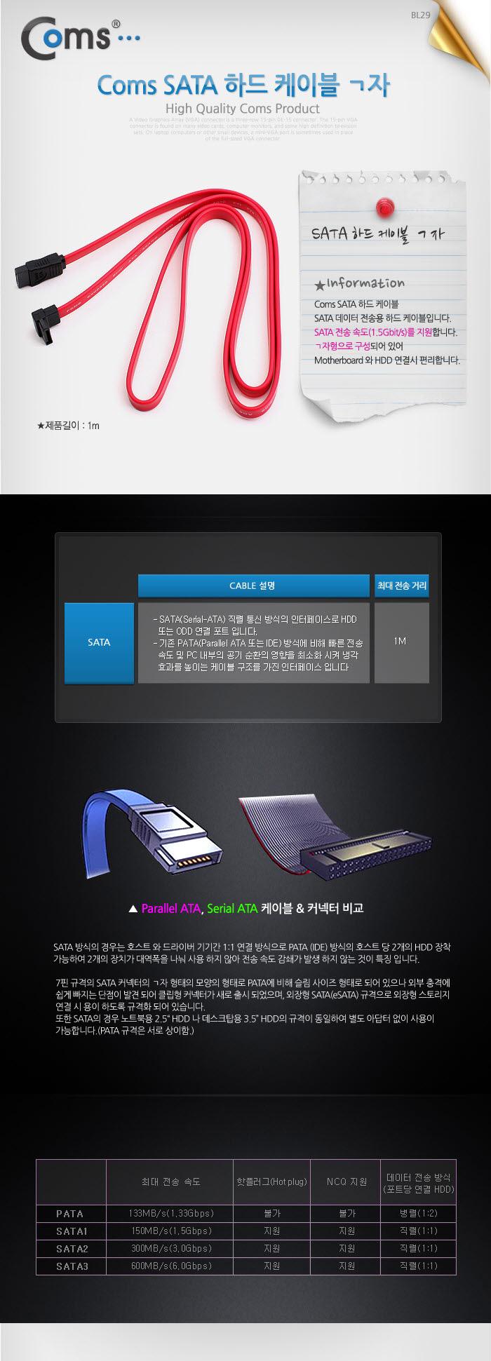 Coms SATA1 하드(HDD) 케이블 1.5Gbps 플랫 Flat 한쪽 전면꺾임(꺽임) 레드 1M/SATA케이블/데이터케이블/PC