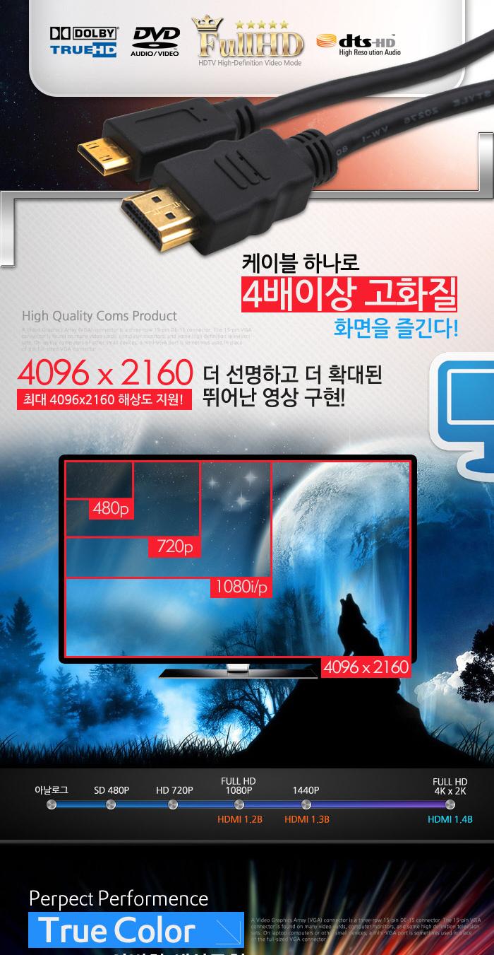 Coms HDMI Mini HDMI 케이블 2m HDMI v1.4 지원 24K 금도금 4K2K/안테나연장케이블/연장케이블/안테나선/TV