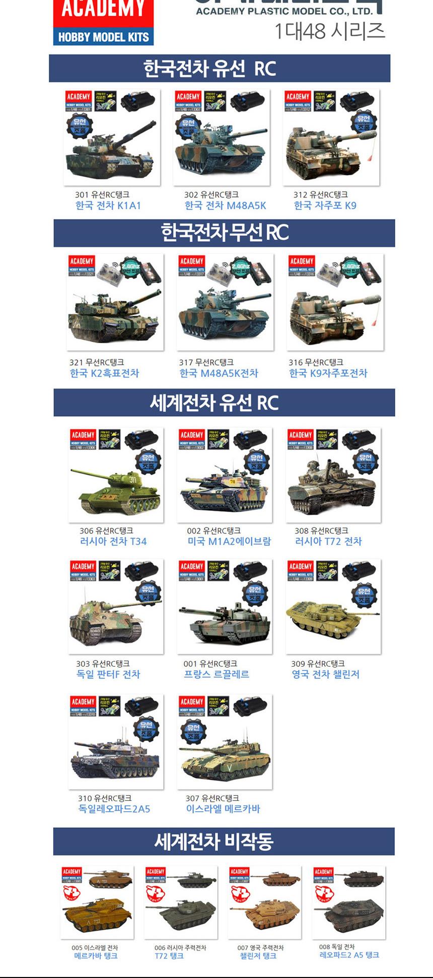 아카데미 한국 전차 K1A1 유선 RC탱크 AC301 1대 48/아카데미/프라모델/탱크조립/전차/유선리모컨/유선조종