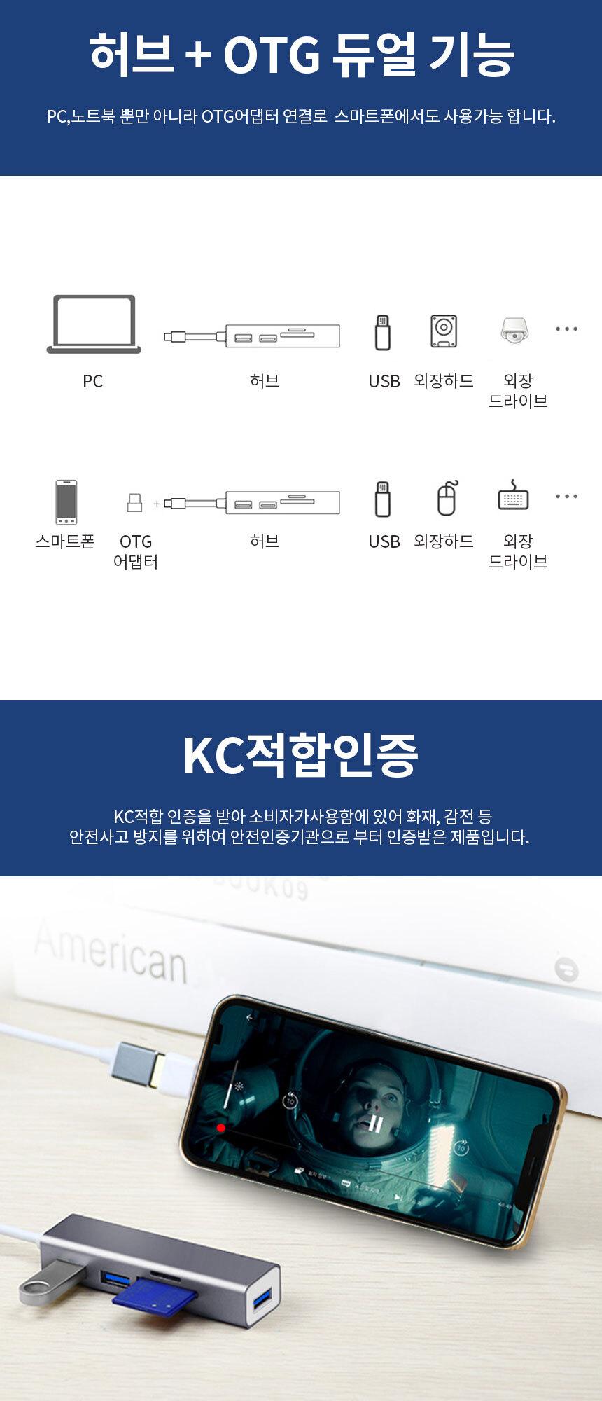 미니 USB3.0 허브 3포트 카드리더기 OTG 겸용 SD TF