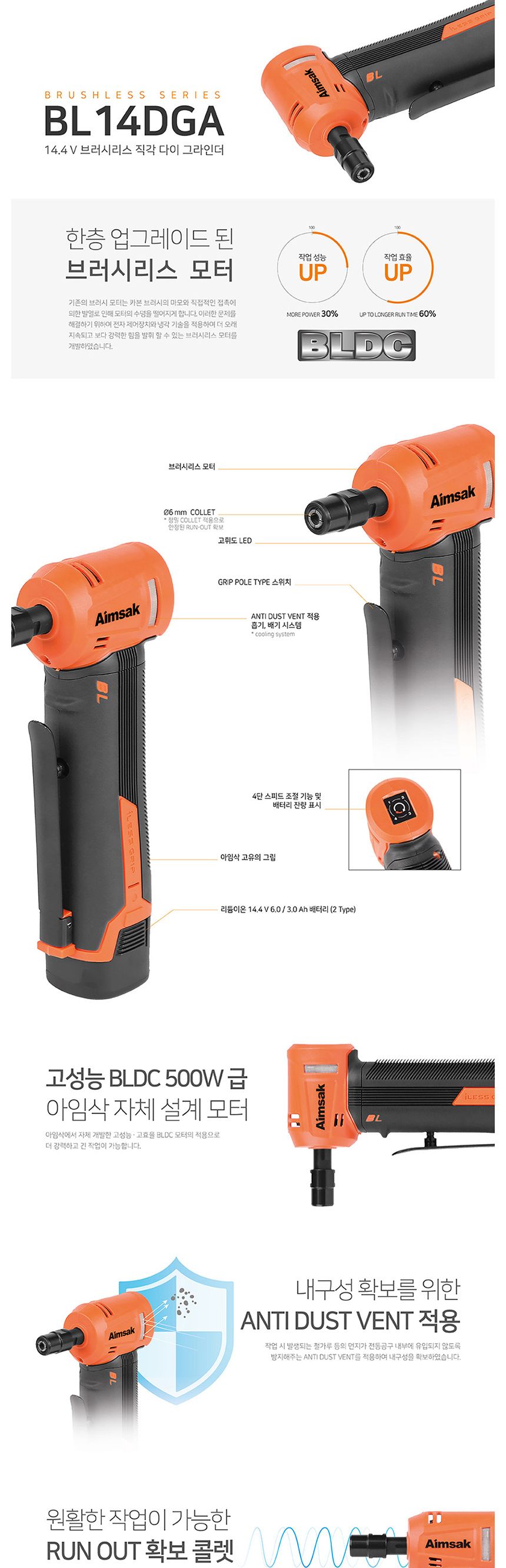 아임삭 BL14DGA536 충전직각그라인더 14.4V 3.0 6.0AH 그라인더 직각그라인더 무선그라인더 무선직각그라인더 절삭그라인더 전동그라인더 직각전동그라인더 충전직각다이그라인더 스피드조절그라인더 전기그라인더