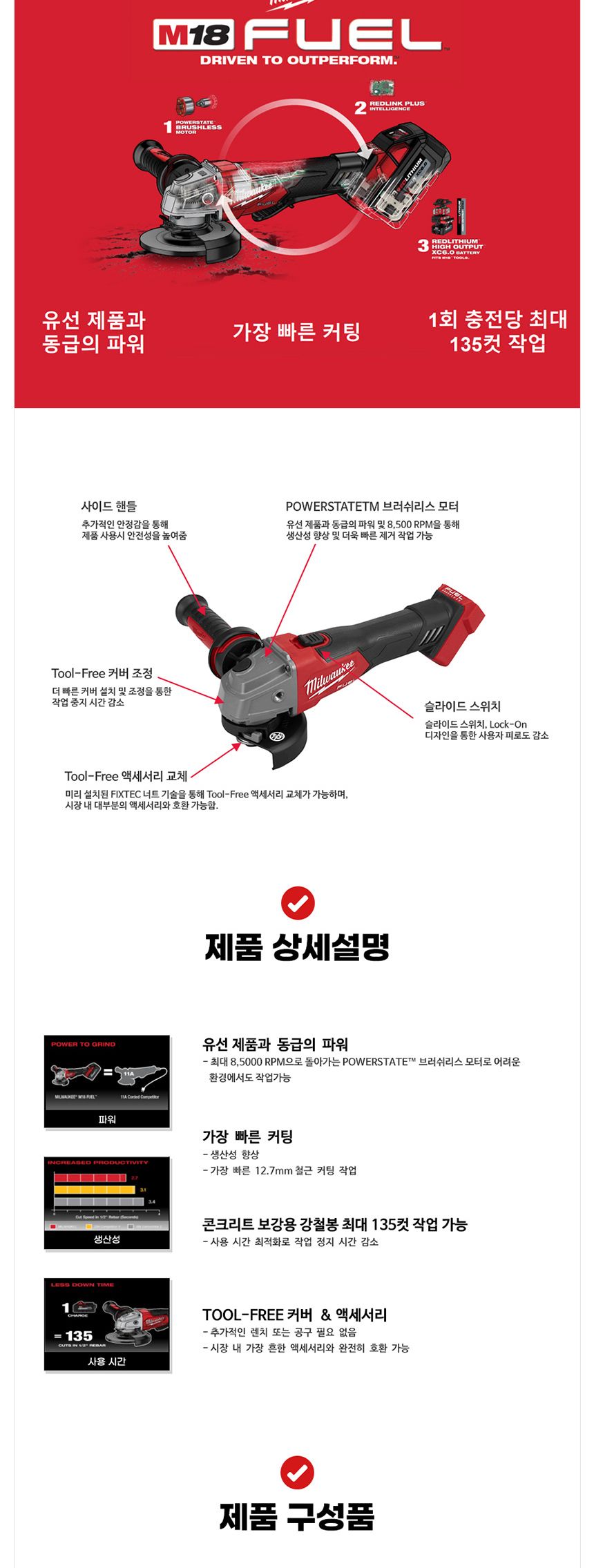 밀워키 M18 FSAG100X-0X0 충전그라인더 18V 베어툴 다용도그라인더 그라인더 전동그라인더 다목적그라인더 절삭그라인더 연삭그라인더 절단그라인더 절삭기 산업용그라인더 공업그라인더