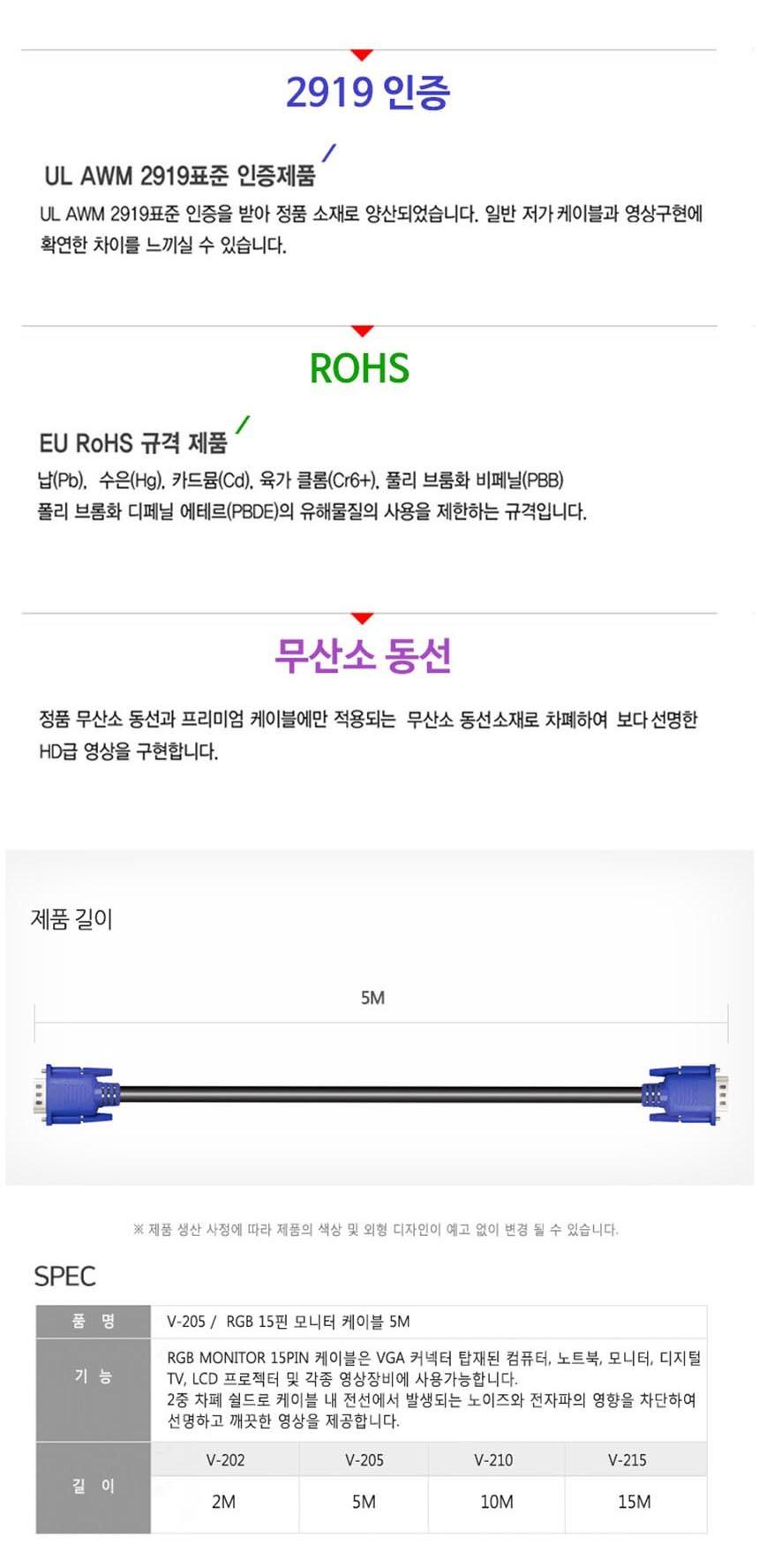 와이어맥스 RGB 케이블 5M V-205/PC모니터케이블/컴퓨터모니터케이블/모니터케이블/RGB모니터케이블/모니터
