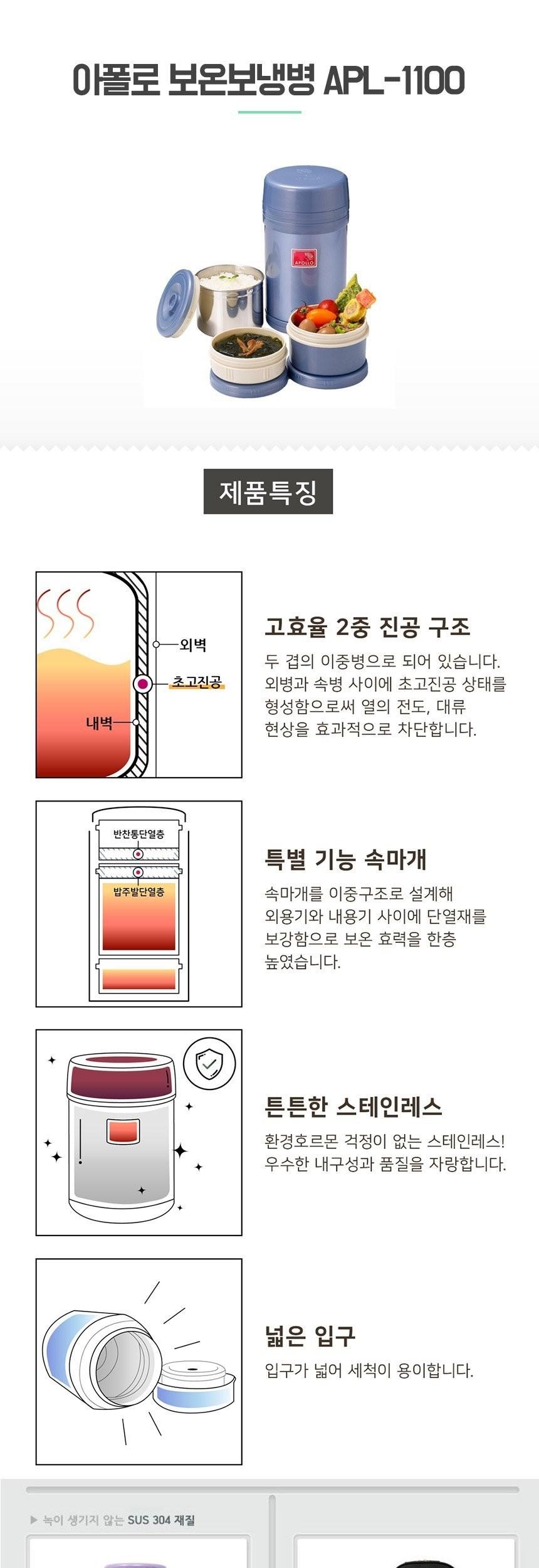 아폴로 APL-1100 진공 단열 보온도시락 도시락 학생도시락 휴대용도시락 소풍도시락 나들이도시락 보온도시락 찬합 보온찹합 원형도시락 원형보온도시락