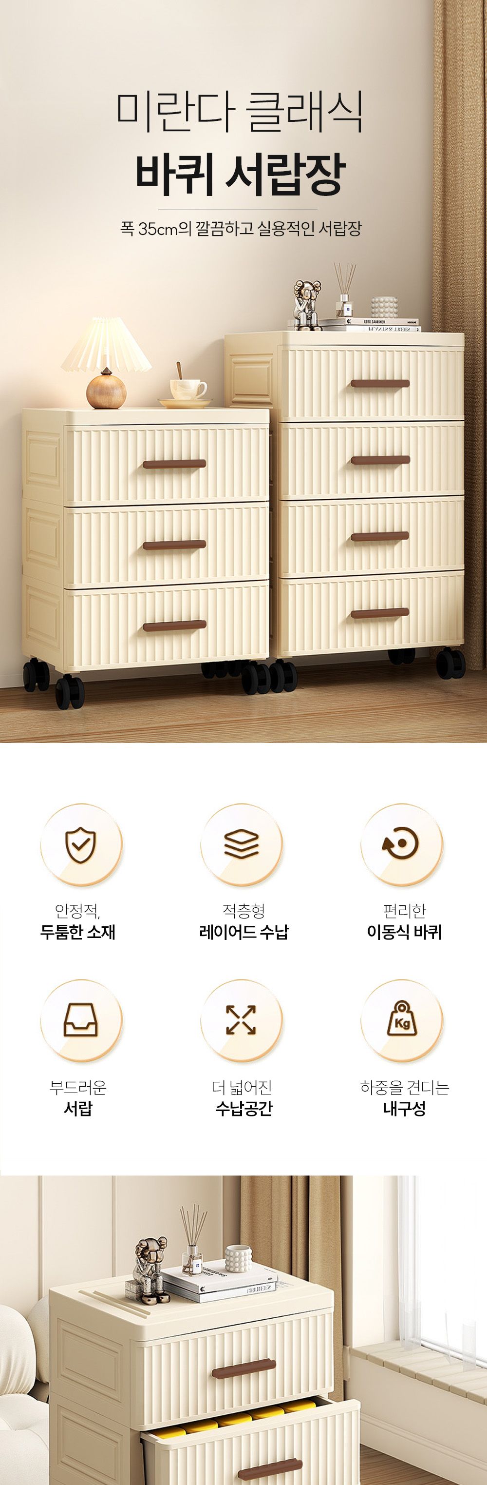 미란다 클래식 바퀴 3단 서랍장 폭 35cm co-00876 서랍장 수납장 침실가구 인테리어서랍장 인테리어수납장 홈인테리어 심플수납장 심플서랍장 깔끔한 수납가구