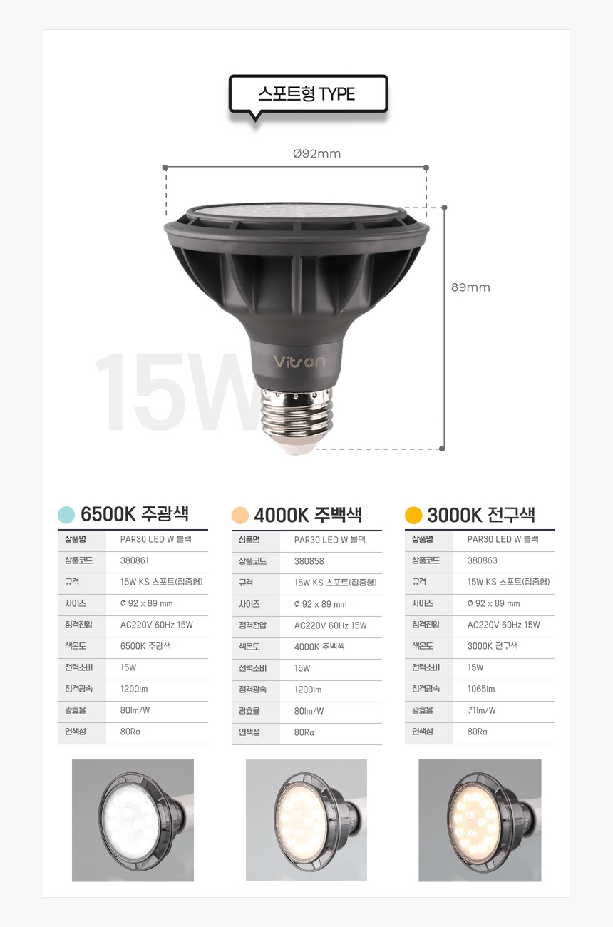 PAR30 LED W 블랙 15W 주광 집중형 in-380861 전구 LED전구 내장형전구 내장형LED램프 내정형LED전구 컨버터내장형램프 거실전구 사무실전구