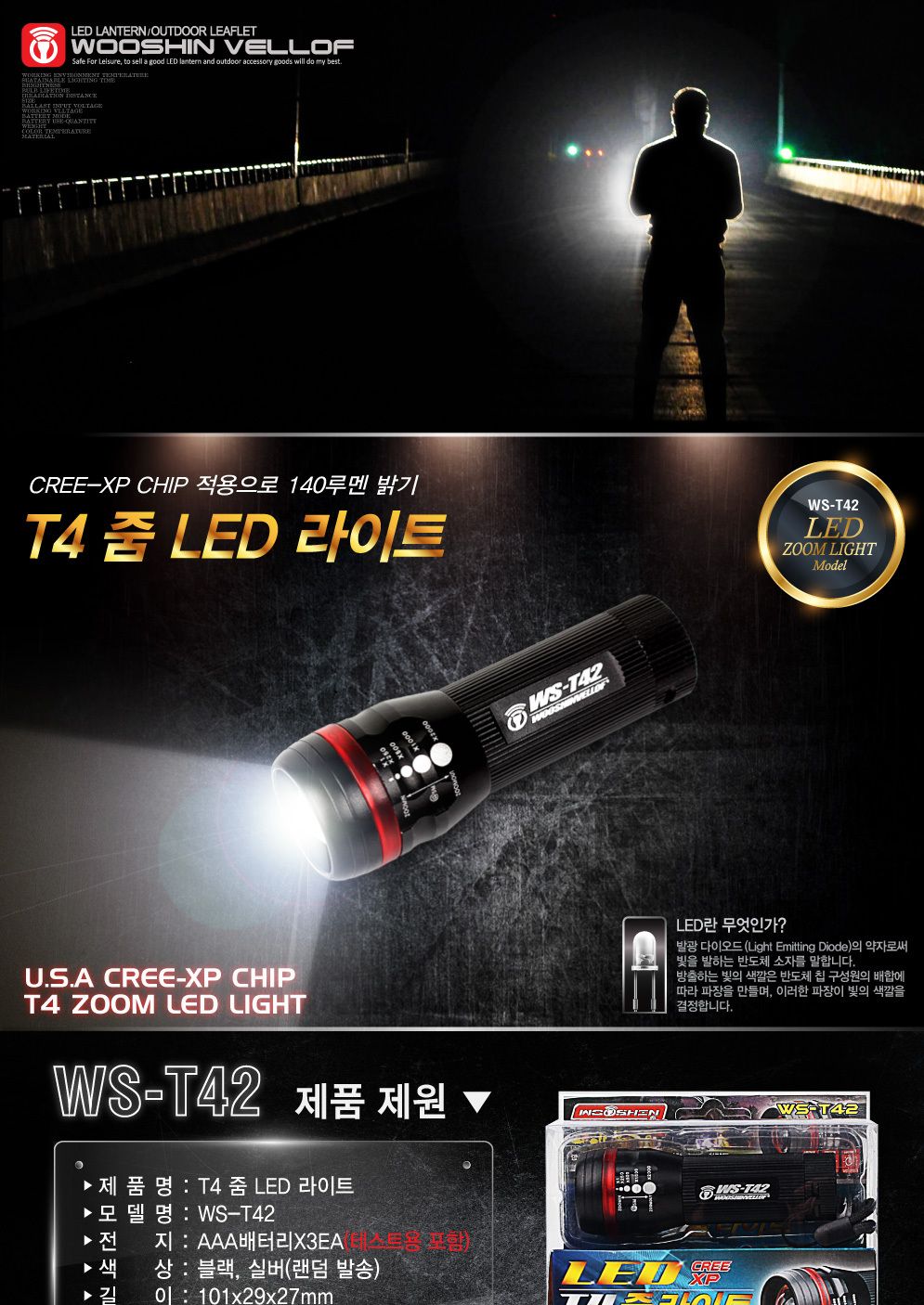 랜턴 LED(손전등) WS-T42 줌 in-21063 헤드라이트 밝은손전등 랜턴 캠핑등 손전등 후레쉬 캠핑용품 휴대용렌턴 등산용램프