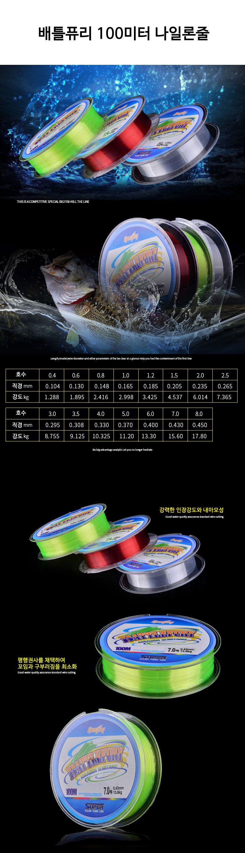 배틀퓨리 낚시줄 100미터 낚시대 낚시릴용 낚시줄 나일론낚시줄 낚싯줄 튼튼한낚시줄 낚시용줄 강력한낚시줄 나일론줄 컬러낚시줄 칼라낚시줄 낚시용나일론줄