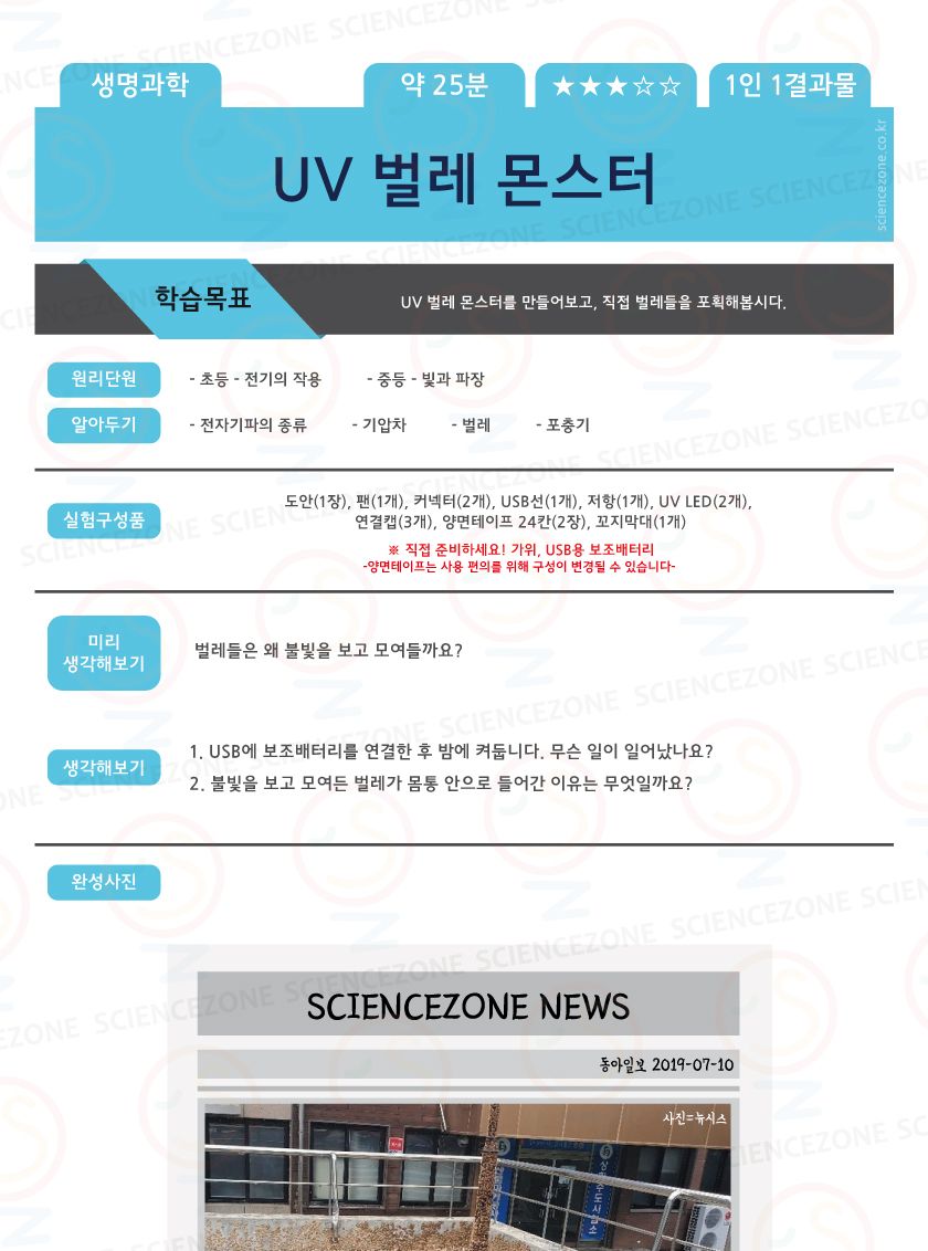 UV벌레몬스터 1인용 초등과학실험키트 키즈과학실험 어린이과학실험 초등교과실험 초등전기의작용단원 전자기파학습 중등과학실험 중등과학교구 벌레포획키트 벌레포획기만들기 벌레포획기원리