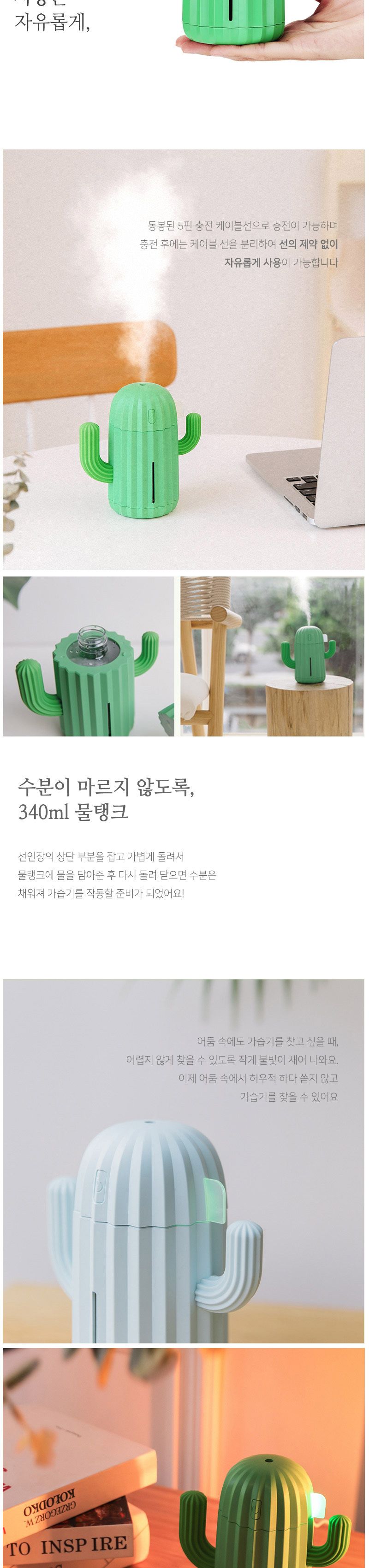 위플 선인장모양 USB 충전식 무선 가습기 그린/가습기/미니가습기/소형가습기/USB가습기/차량용가습기/무드