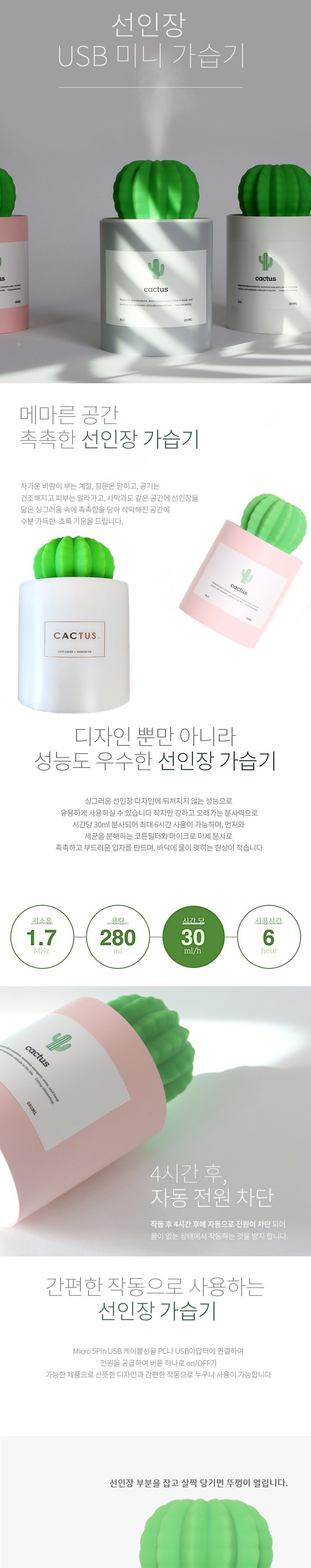 선인장 usb 미니가습기/사무실가습기/가정용가습기/가정용가습기/테이블가습기/집들이선물/인테리어가습기/