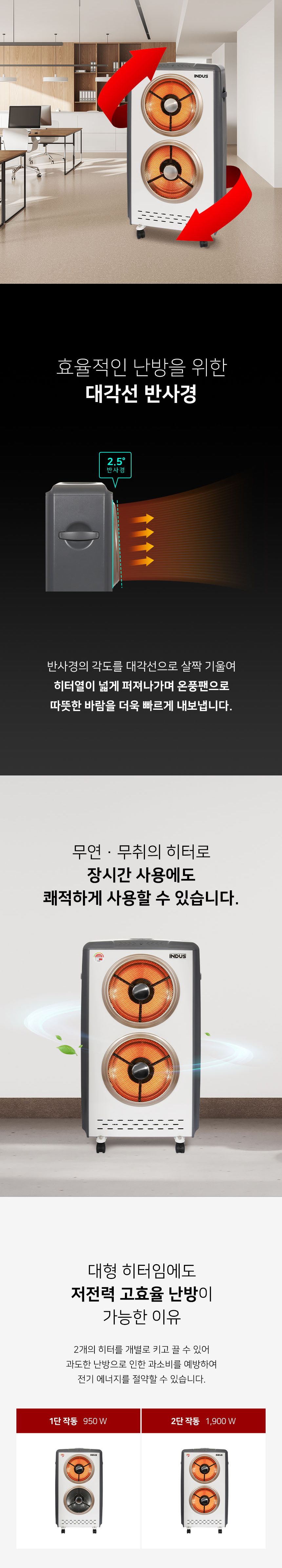 인더스 인공지능 하이라이트 히터 2구 IN-2000H/이동식전기히터/사무실전기히터/2구전기히터/하이라이트전