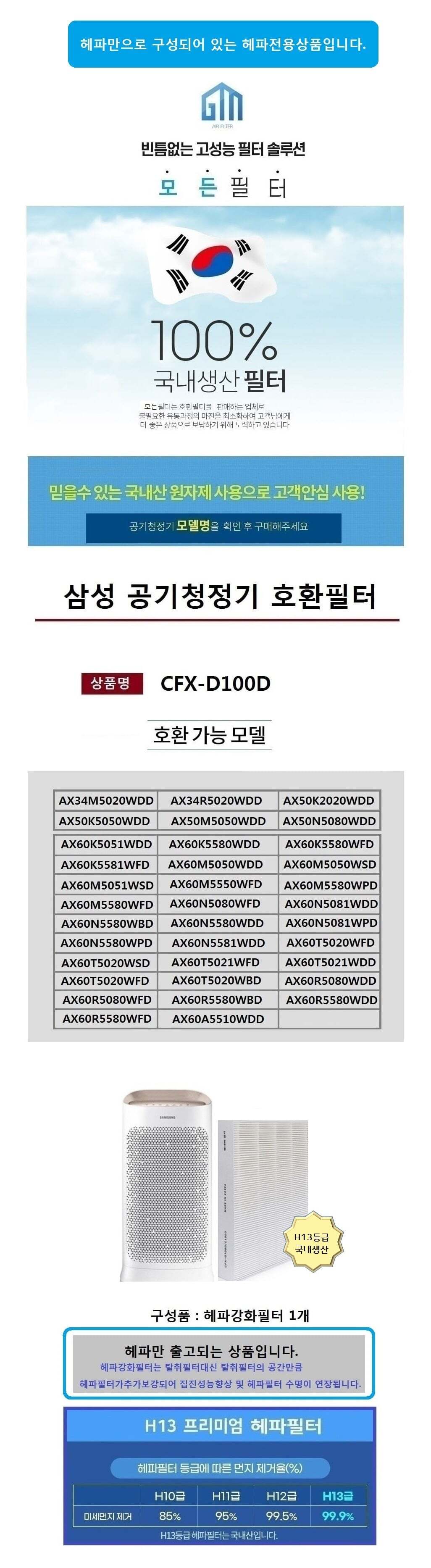 호환 삼성 CFX-D100D 국산 헤파전용 AX50K5050WDD/필터/공기청정필터/공기청정기필터/공기정화필터/공기정