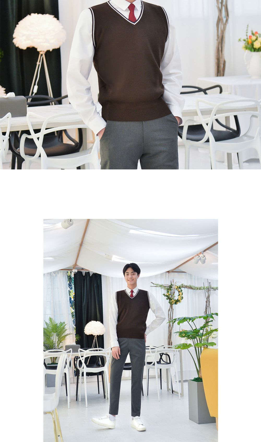 교복몰 보풀방지 브라운화이트라인 조끼 남자 교복 테마의상조끼 남자교복조끼 남학생교복조끼 브이넥교복조끼 배색라인교복조끼 남성교복베스트 코스튬교복조끼 교복코스프레조끼 학생변장조끼 코스튬플레이교복조끼