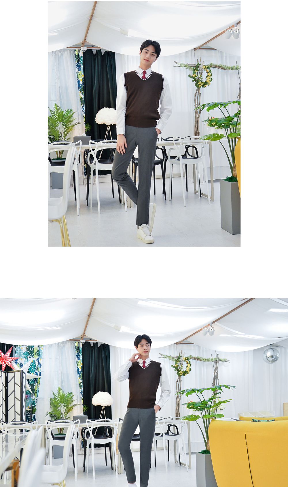 교복몰 보풀방지 브라운화이트라인 조끼 남자 교복 테마의상조끼 남자교복조끼 남학생교복조끼 브이넥교복조끼 배색라인교복조끼 남성교복베스트 코스튬교복조끼 교복코스프레조끼 학생변장조끼 코스튬플레이교복조끼