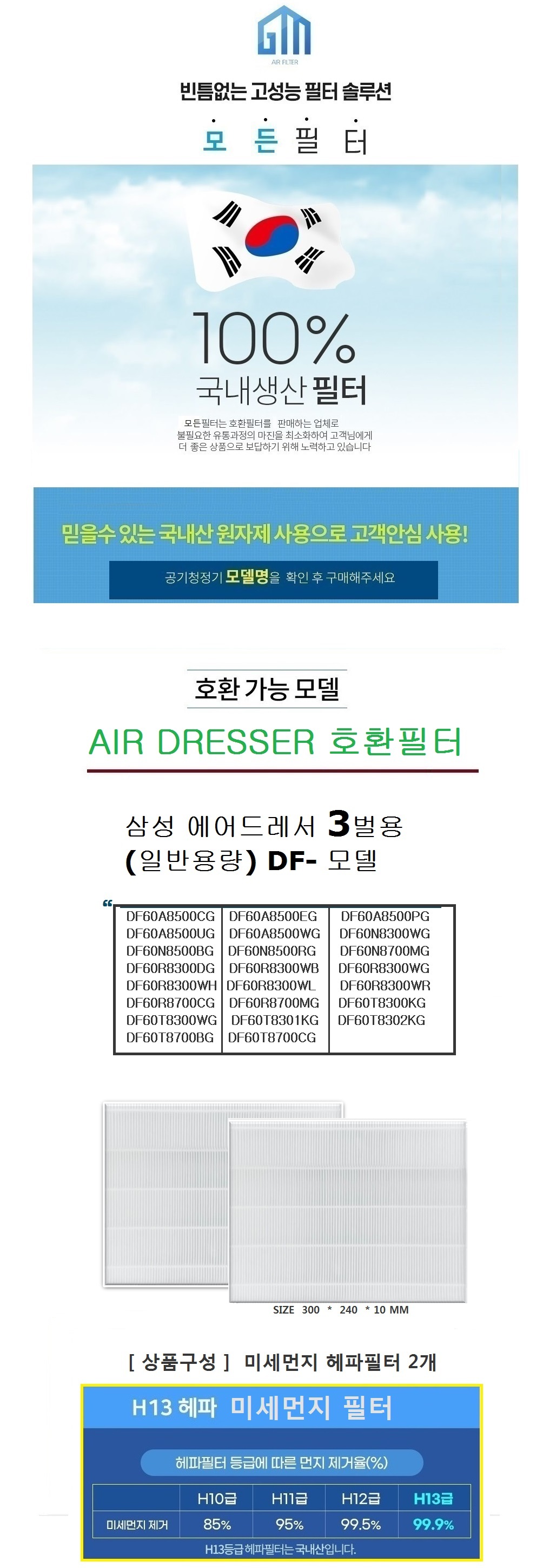 13등급 국내생산 DF60N8500RG 3벌용 미세먼지필터 2개/필터/에어드레서/에어드레서필터/에어드레스용필터/