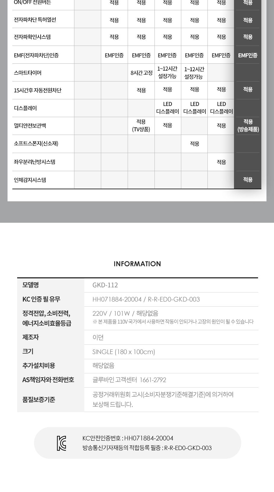글루바인 전자파안심 인체감지 물세탁 전기요 GKD-112/전기장판/전기매트/전기요/싱글전기장판/싱글전기매