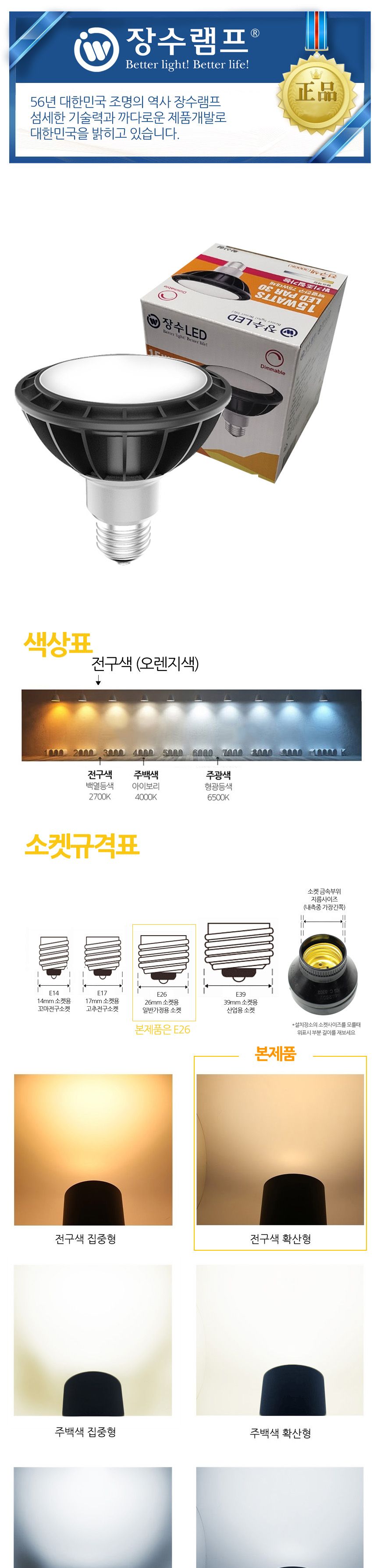 장수 LED램프 밝기조절 PAR30 확산형 전구색 백열등 전구 램프 LED전구 LED램프 교체용전구 작업등전구 작업램프 실내등 전구교체