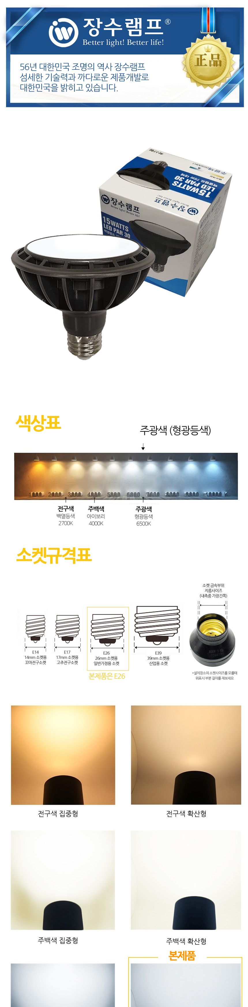 장수 LED램프 PAR30 집중형 주광색 형광등 백열등 E26 전구 램프 LED전구 LED램프 교체용전구 작업등전구 작업램프 실내등 전구교체