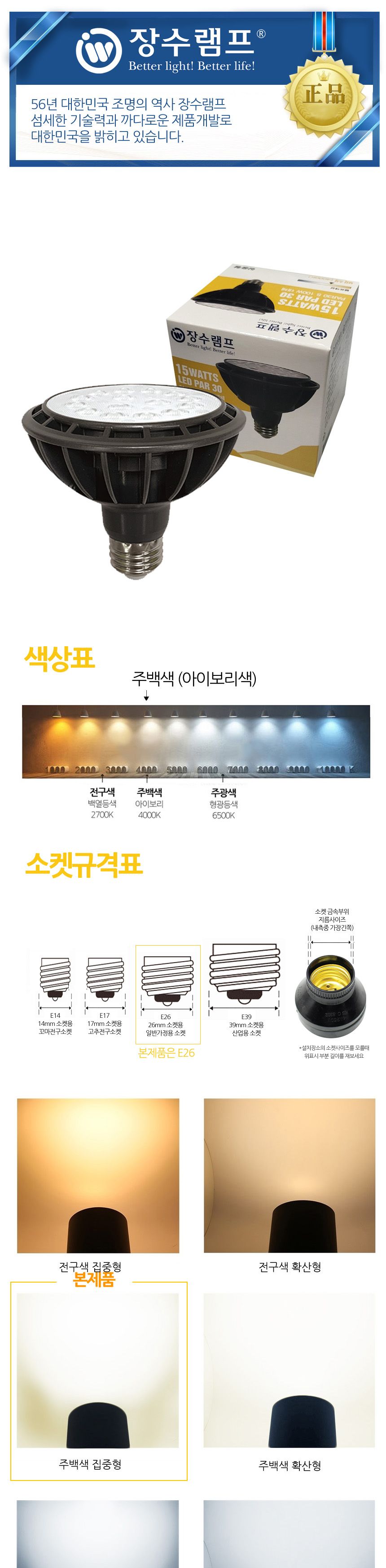 장수 LED램프 PAR30 집중형 주백색 E26 전구 램프 LED전구 LED램프 교체용전구 작업등전구 작업램프 실내등 전구교체
