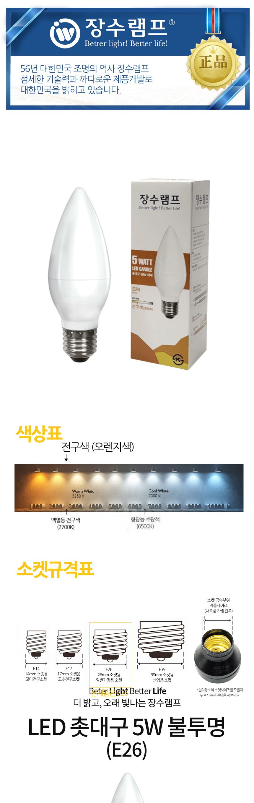 장수 LED 불투명 촛대전구 E26 전구색 백열등 전구 램프 LED전구 LED램프 교체용전구 작업등전구 작업램프 실내등 전구교체
