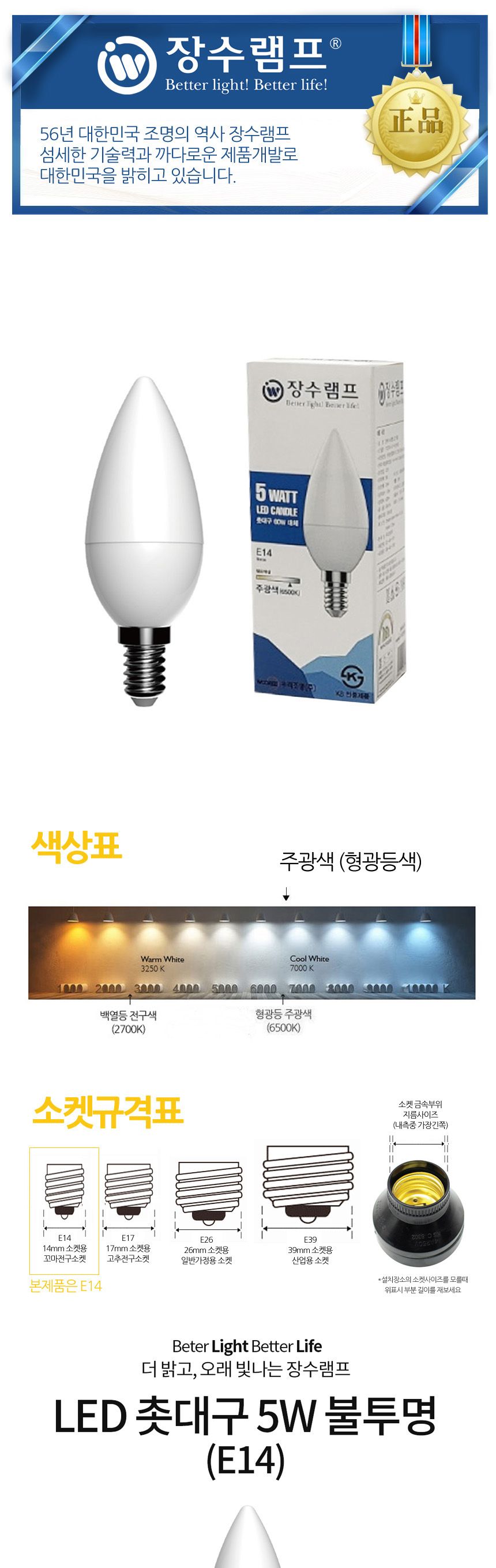 장수 LED 불투명 촛대전구 E14 주광색 형광등 전구 램프 LED전구 LED램프 교체용전구 작업등전구 작업램프 실내등 전구교체
