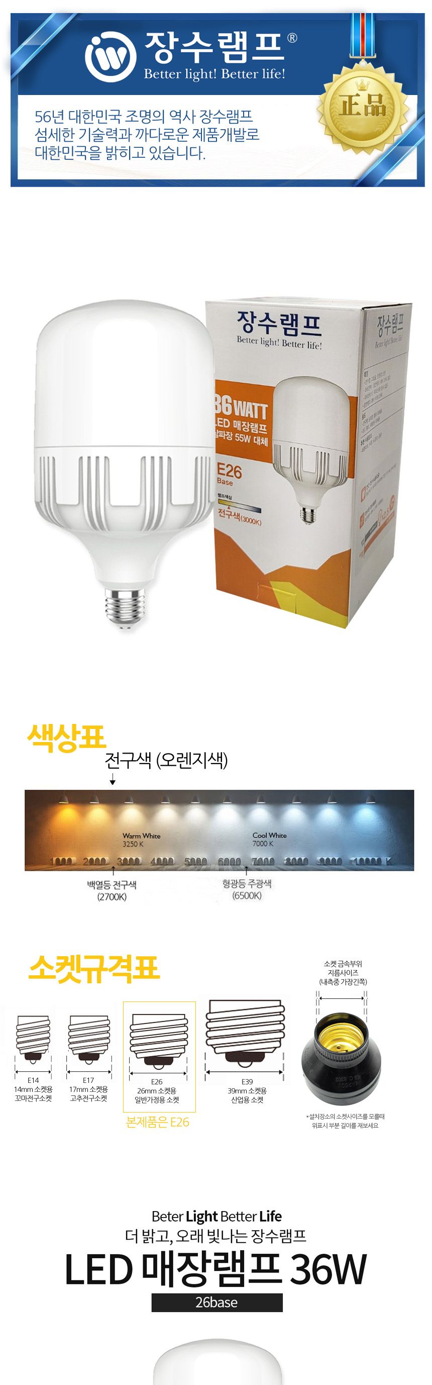 장수 LED 매장램프 공장등 E26 36W 전구색 백열등 전구 램프 LED전구 LED램프 교체용전구 작업등전구 작업램프 실내등 전구교체