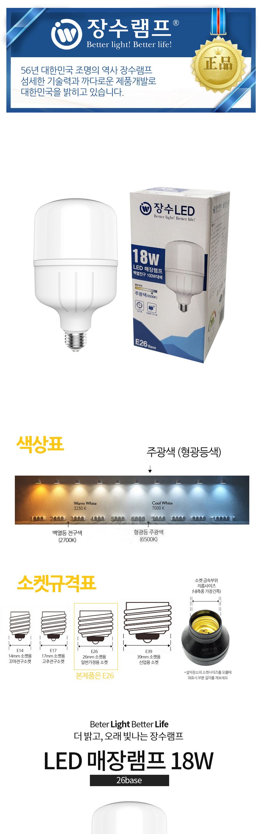 장수 LED 매장램프 공장등 E26 18W 주광색 형광등 전구 램프 LED전구 LED램프 교체용전구 작업등전구 작업램프 실내등 전구교체