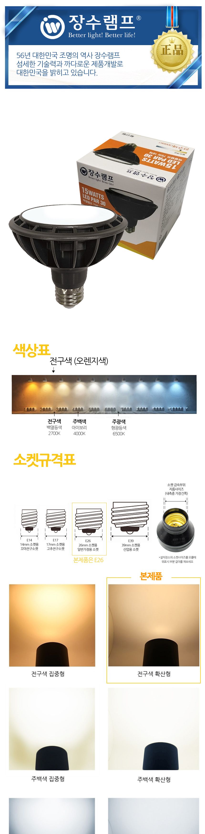 장수 LED램프 PAR30 확산형 전구색 백열등 E26 전구 램프 LED전구 LED램프 교체용전구 작업등전구 작업램프 실내등 전구교체