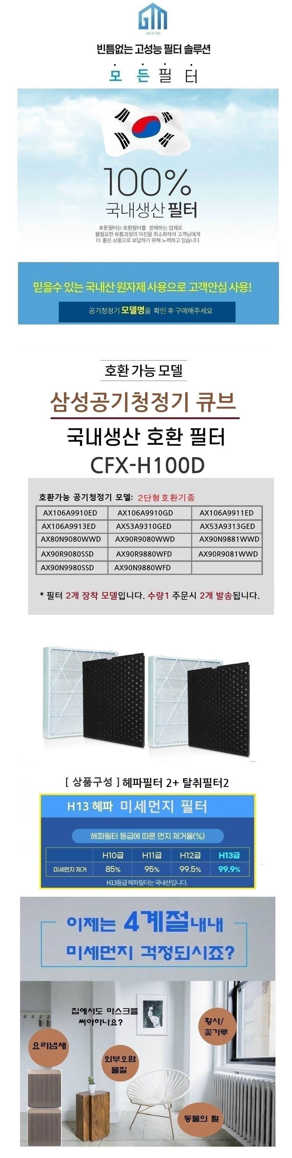 국산 프리미엄 2P 큐브 H100D AX90R9080SSD 호환 필터/필터/교체필터/리필필터/호환필터/공기청정기필터/공