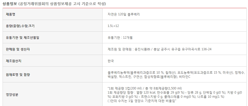 자연은 블루베리 1.5Lx12펫 음료 주스 쥬스 과일주스 과일쥬스 과일음료수 과즙음료 과즙쥬스 맛있는주스 맛있는쥬스
