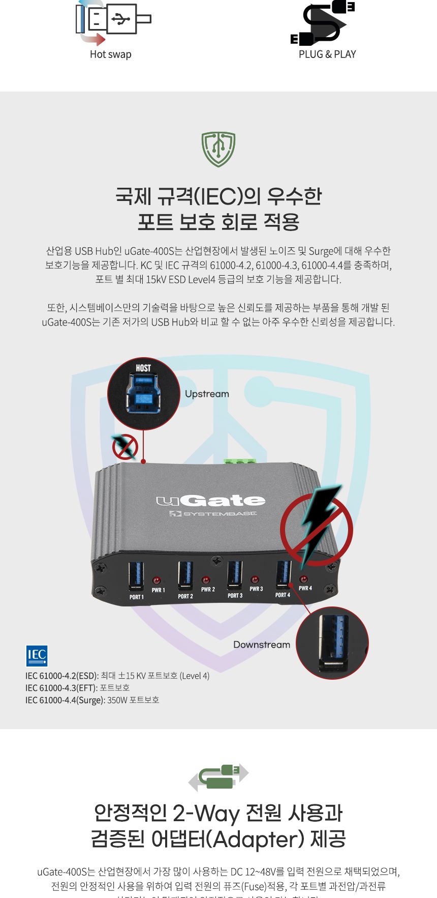 시스템베이스 uGate-400S 산업용 4포트 USB3.1 Gen1 허브/산업용허브/4포트허브/USB4포트허브/산업용USB허