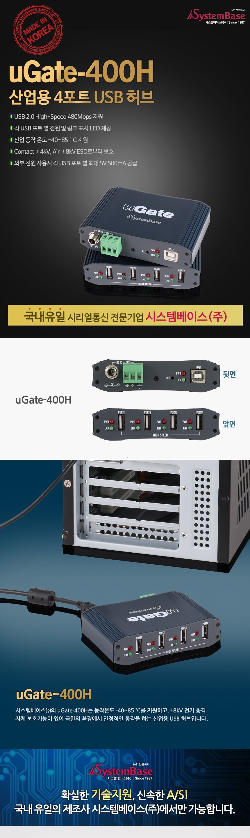 시스템베이스 uGate-400H 산업용 4포트 USB 2.0 허브/산업용허브/4포트허브/USB4포트허브/산업용USB허브/네