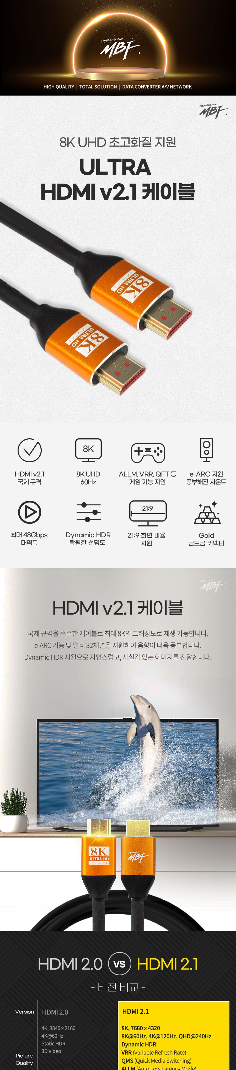 엠비에프 ULTRA HDMI 2.1 8K 골드 케이블 7m/HDMI골드케이블/골드케이블/HDMI케이블/케이블/연결케이블/HDM