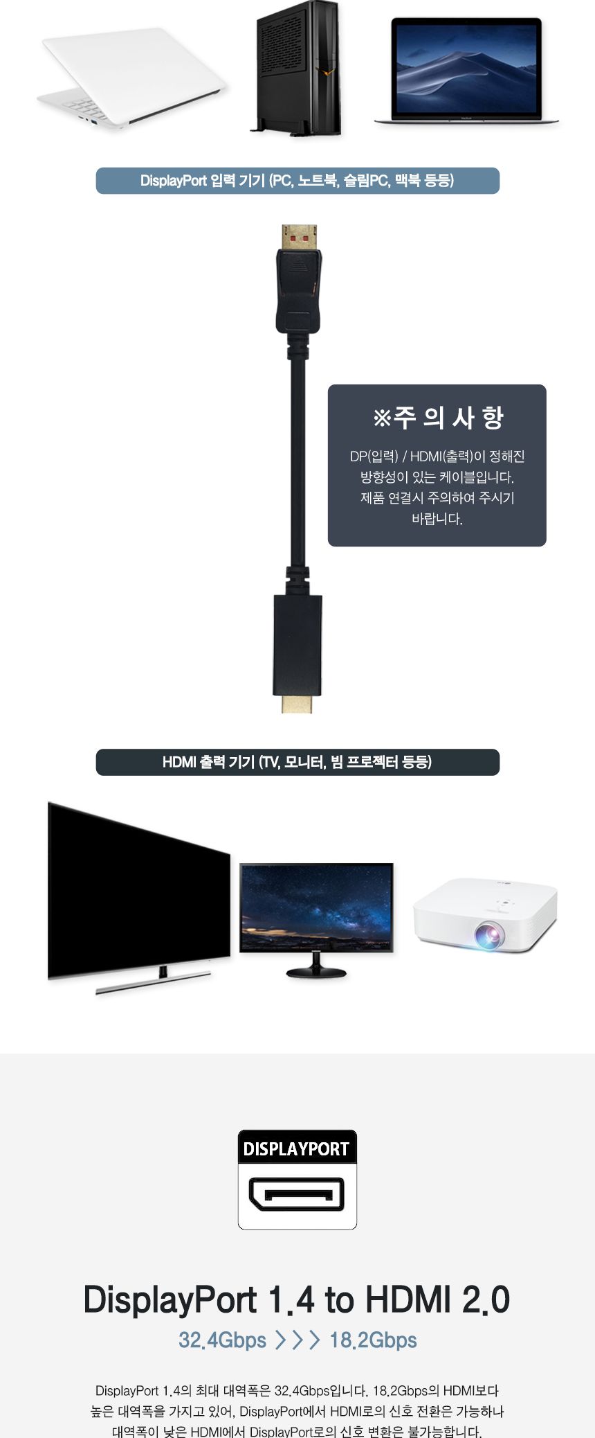 디스플레이포트 to HDMI. 4KX2K 60Hz. 1.5M (30564)/케이블/PC케이블/노트북케이블/맥북케이블/TV케이블/모