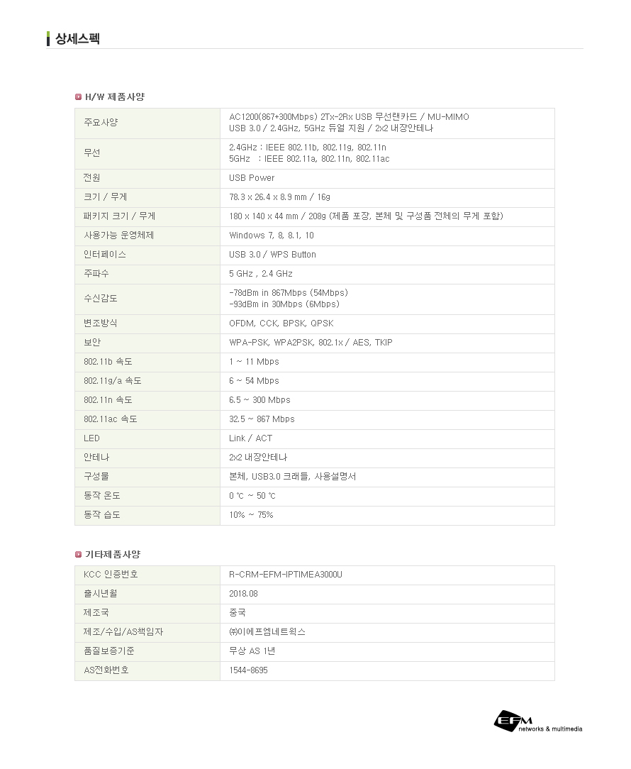 (EFM) ipTIME A3000U (무선랜카드 USB 867Mbps) LS