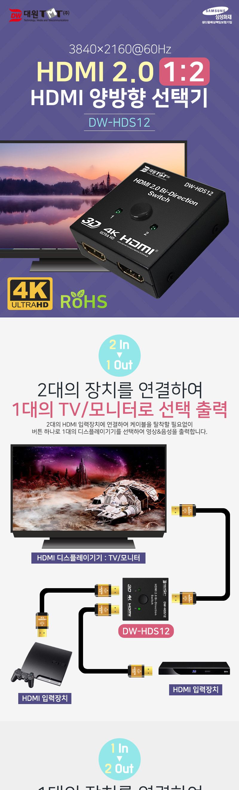 (대원TMT) 대원티엠티 HDMI 2.0 양방향 1:2 선택기 (DW-HDS12)/양방향선택기/모니터선택/비디오선택기/HDMI