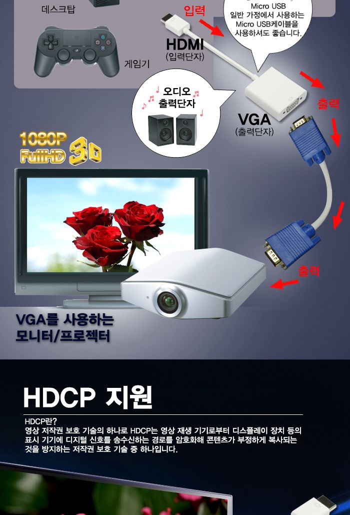 HDMI TO VGA 영상 오디오지원 0.15M (30092)/컨버터/컨버터케이블/젠더/젠더케이블/VGA/VGA변환컨버터/VGA