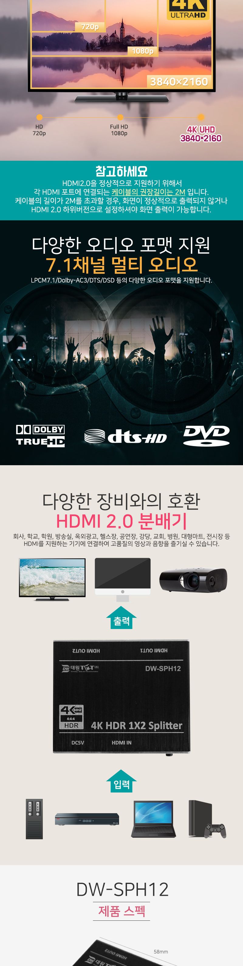 (대원TMT) 대원티엠티 HDMI 2.0 1:4 분배기 (4포트 아답터 전원) (DW-SPH14)/모니터분배기/영상분배기/주변