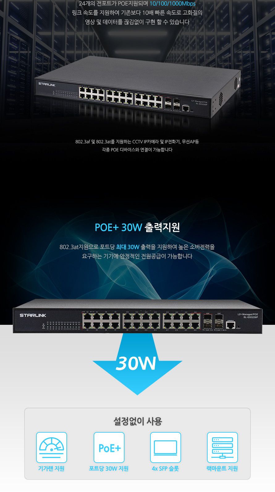 스타링크 24포트+4SFP 기가비트 POE L2+ 스위칭허브 총용량 400W SL-GS3226P/스위칭허브/네트워크장비/네트