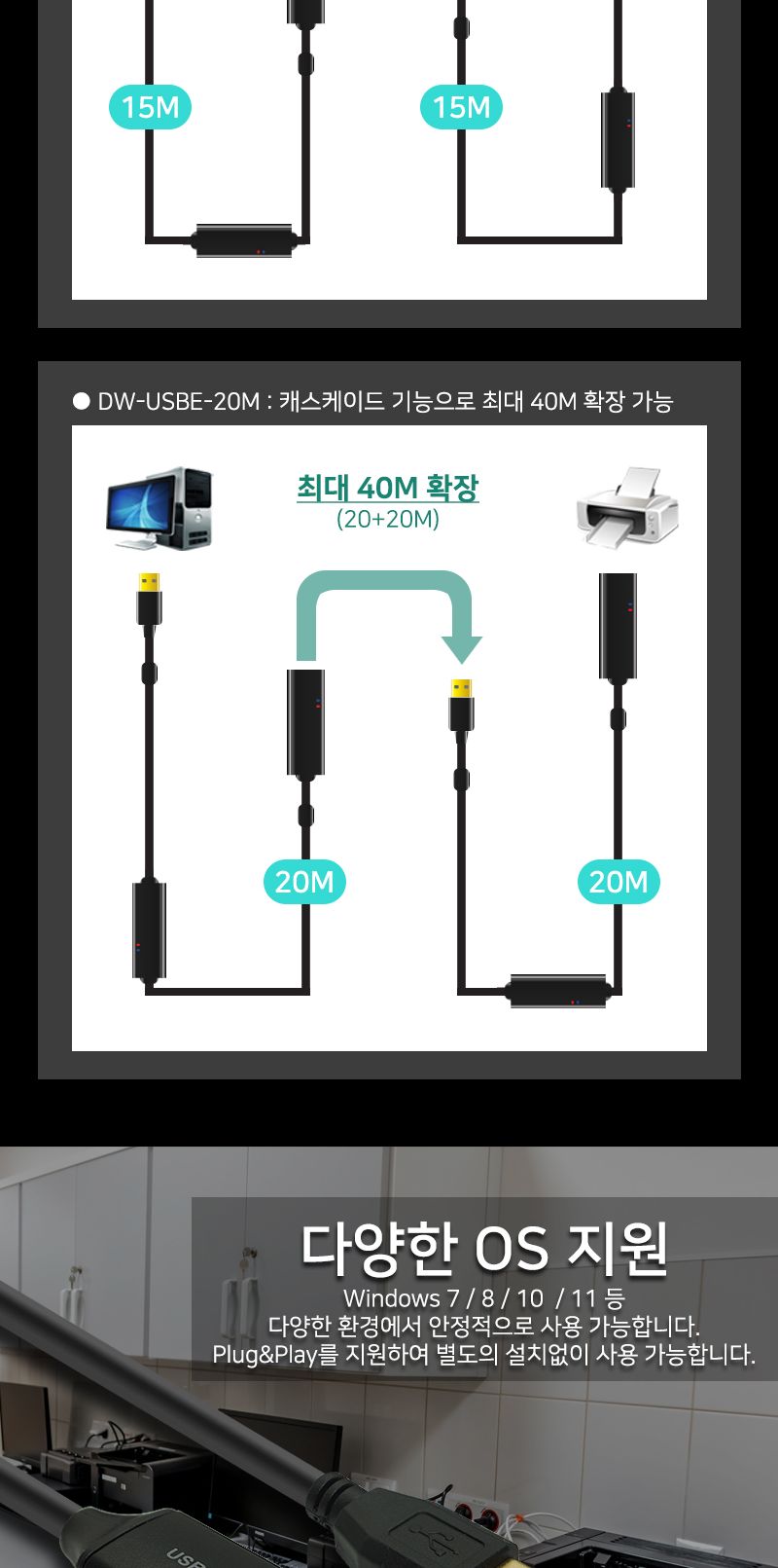 (대원TMT) 대원티엠티 USB 2.0 연장 리피터 케이블 10M (무전원) (DW-USBE-10M)/리피터케이블/리피터잭/리