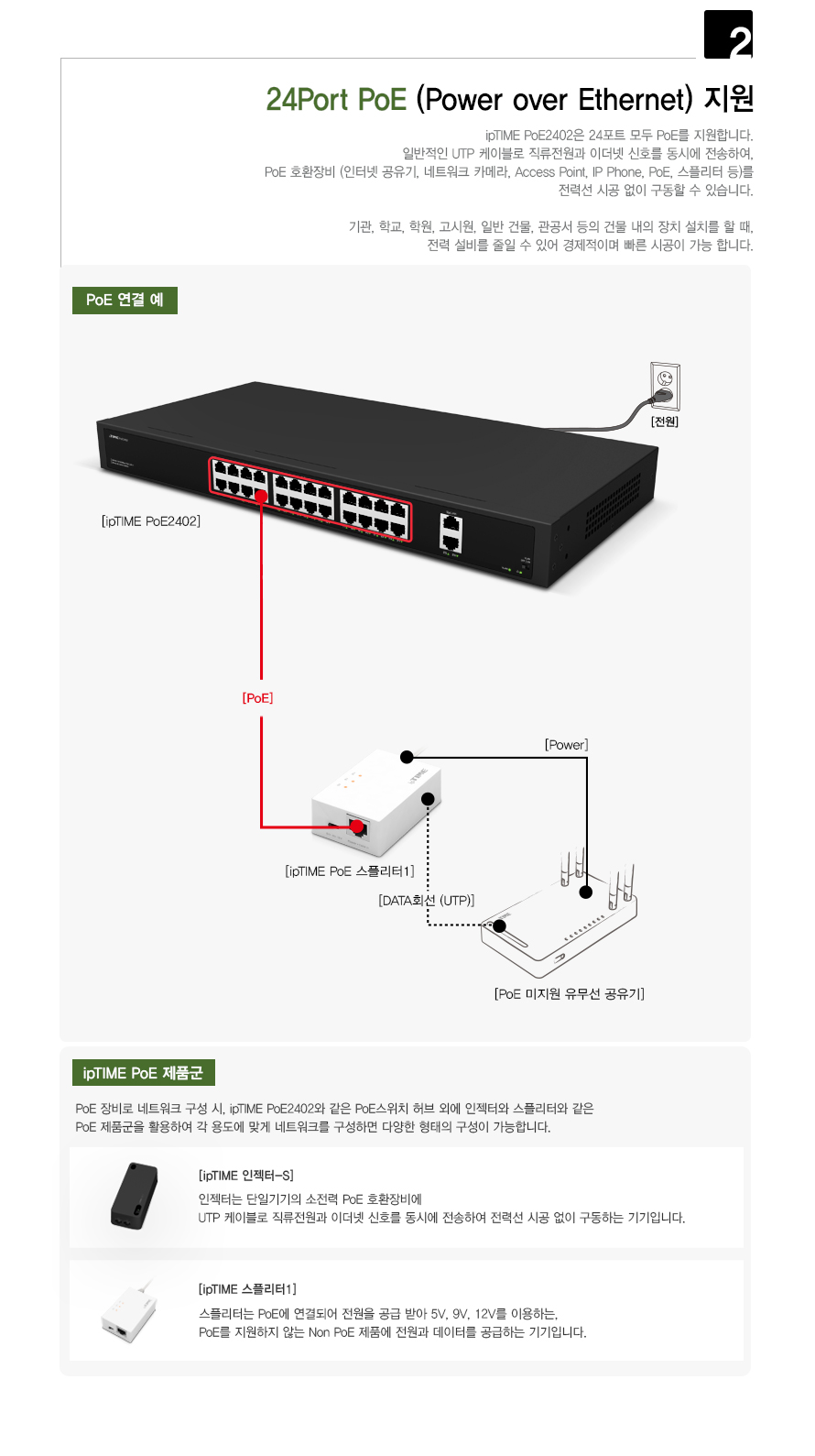 POE2402 ipTIME 24포트 POE 지원 스위칭허브/24포트스위칭허브/와이파이허브/포트허브/인터넷허브/스위칭허