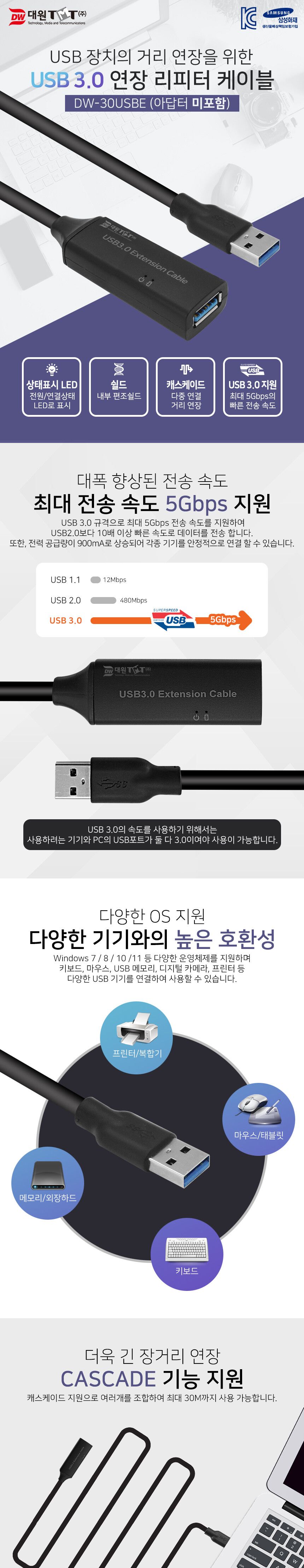 (대원TMT) 대원티엠티 USB 3.0 연장 리피터 케이블 20M (무전원) (DW-30USBE-20M)/연장케이블/USB연장선/US