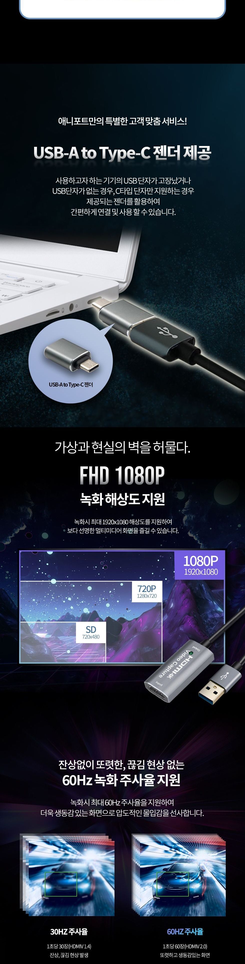 애니포트 AP-HDC4K USB 3.0 TO HDMI 4K 60Hz HDMI 캡쳐카드 C타입 젠더 포함/멀티포트/멀티허브/노트북허브