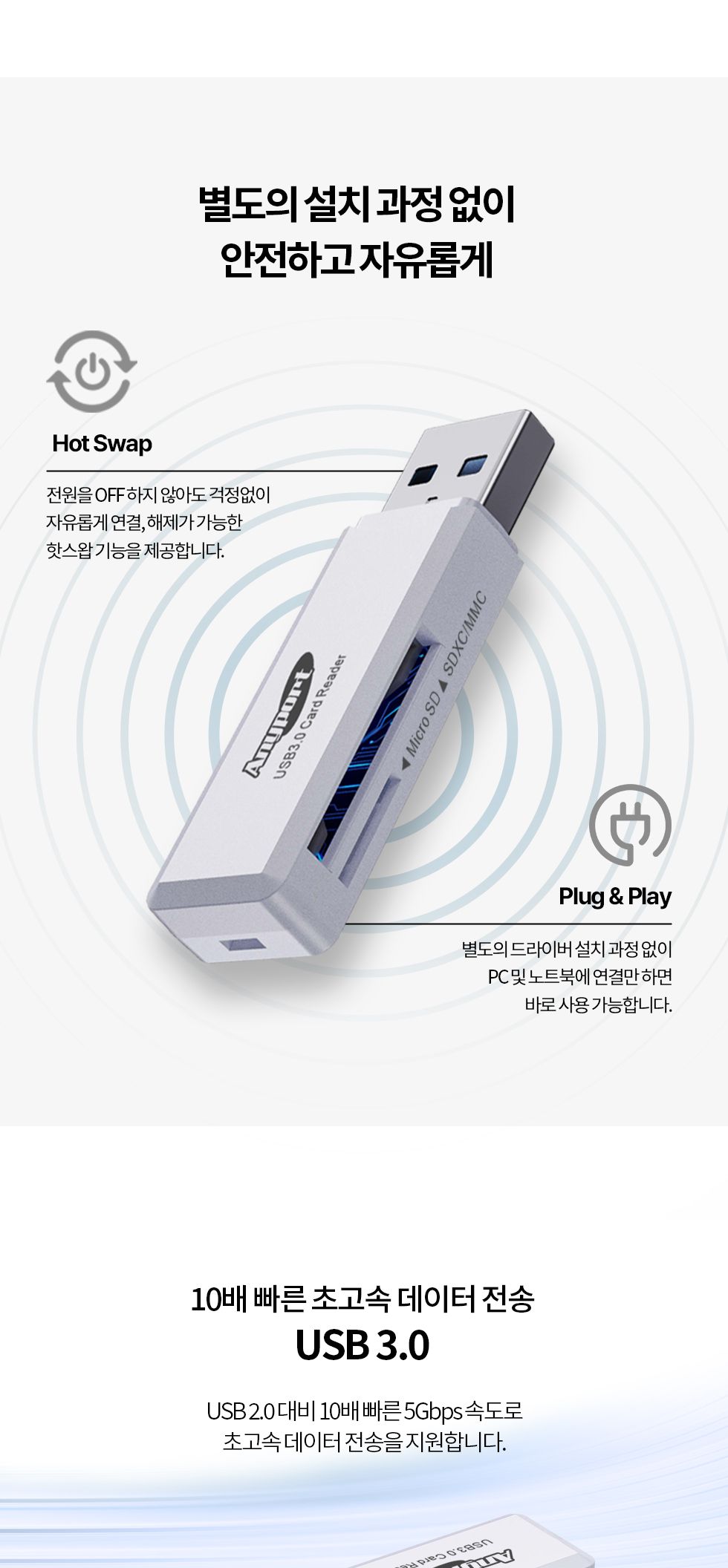 (AP-U30W) ANYPORT USB 3.0 OTG 카드리더기/멀티카드리더기/SD카드리더기/마이크로SD슬롯/슬림한디자인/휴