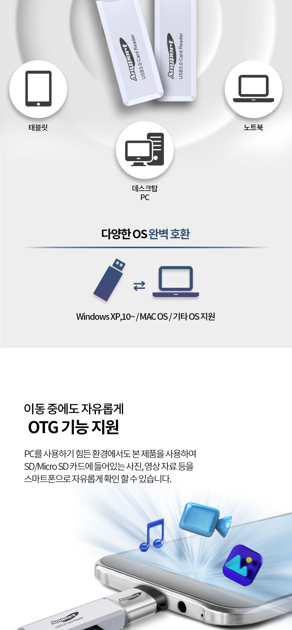 (AP-U30W) ANYPORT USB 3.0 OTG 카드리더기/멀티카드리더기/SD카드리더기/마이크로SD슬롯/슬림한디자인/휴