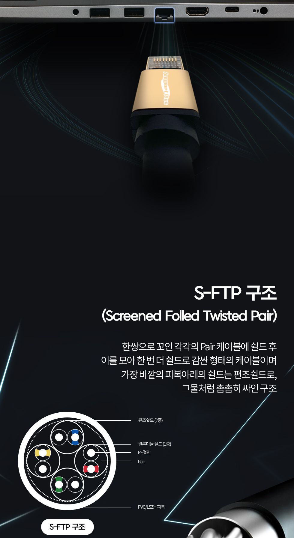 (AP-SFTP810) ANYPORT CAT.8 S-FTP 40G 초고속 랜케이블 블랙 골드메탈 10M/랜케이블선/LAN선/LAN케이블/LA