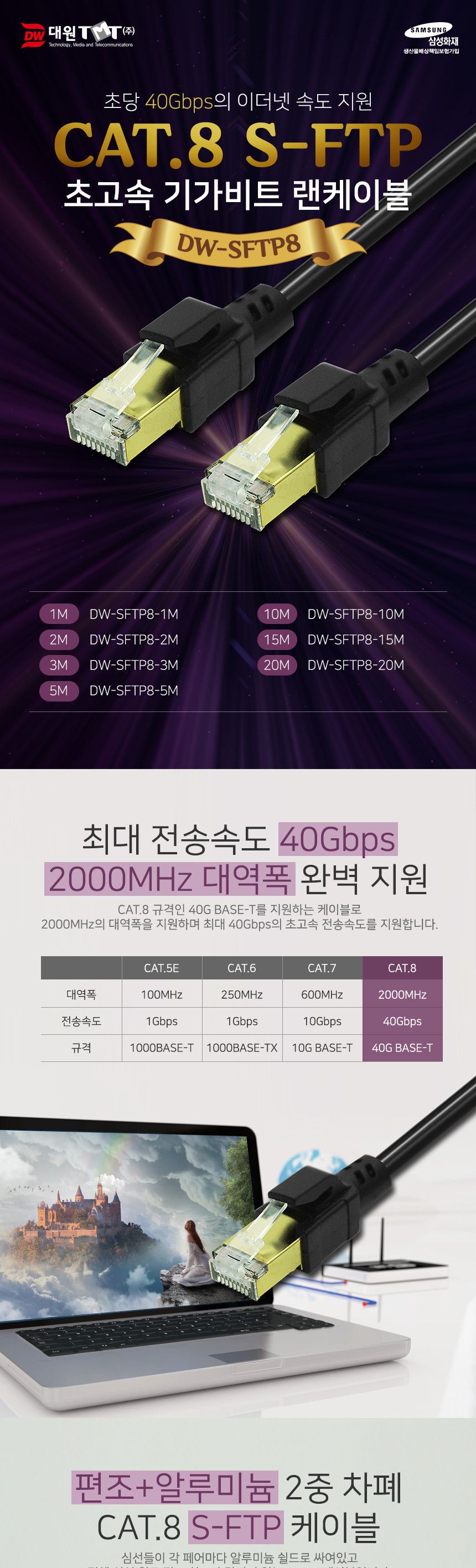 (대원TMT) 대원티엠티 CAT.8 S-FTP 랜케이블 20M (DW-SFTP8-20M)/인터넷선/인터넷연결/인터넷랜선/인터넷연